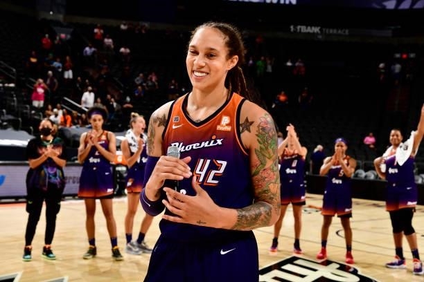 Brittney Griner of the Phoenix Mercury smiles after the game against the Indiana Fever on August 17, 2021 at Footprint Center in Phoenix, Arizona....