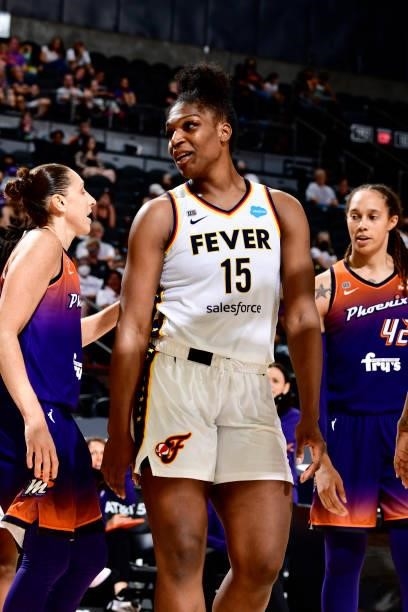 Teaira McCowan of the Indiana Fever looks on during the game against the Phoenix Mercury on August 17, 2021 at Footprint Center in Phoenix, Arizona....