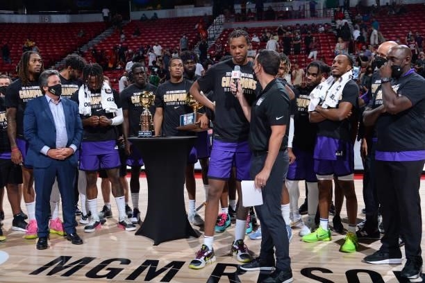 Louis King of the Sacramento Kings is interviewed after the 2021 Las Vegas Summer League Championship Game on August 17, 2021 at the Thomas & Mack...