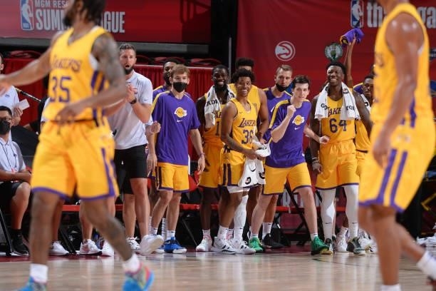 The Los Angeles Lakers celebrate during the game against the Golden State Warriors during the 2021 Las Vegas Summer League on August 17, 2021 at the...