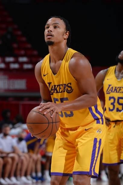 Justin Robinson of the Los Angeles Lakers shoots a free throw against the Golden State Warriors during the 2021 Las Vegas Summer League on August 17,...