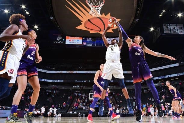 Jessica Breland of the Indiana Fever drives to the basket during the game against the Phoenix Mercury on August 17, 2021 at Footprint Center in...