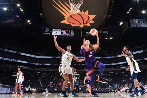 Brittney Griner of the Phoenix Mercury shoots the ball during the game against the Indiana Fever on August 17, 2021 at Footprint Center in Phoenix,...