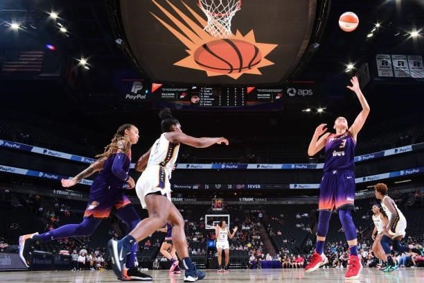 Diana Taurasi of the Phoenix Mercury rebounds the ball during the game against the Indiana Fever on August 17, 2021 at Footprint Center in Phoenix,...