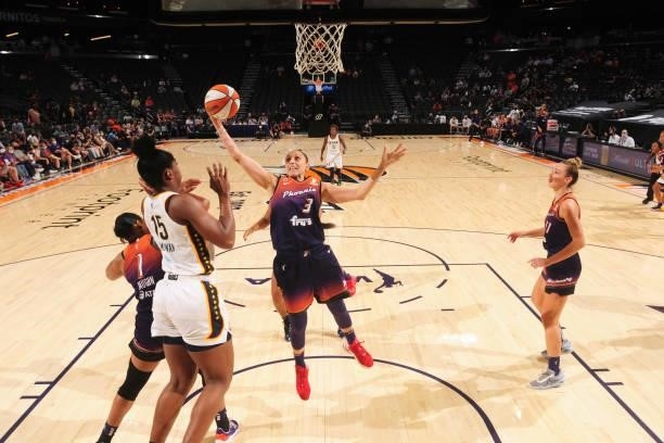 Diana Taurasi of the Phoenix Mercury rebounds the ball during the game against the Indiana Fever on August 17, 2021 at Footprint Center in Phoenix,...