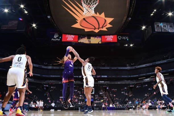 Brittney Griner of the Phoenix Mercury shoots the ball during the game against the Indiana Fever on August 17, 2021 at Footprint Center in Phoenix,...