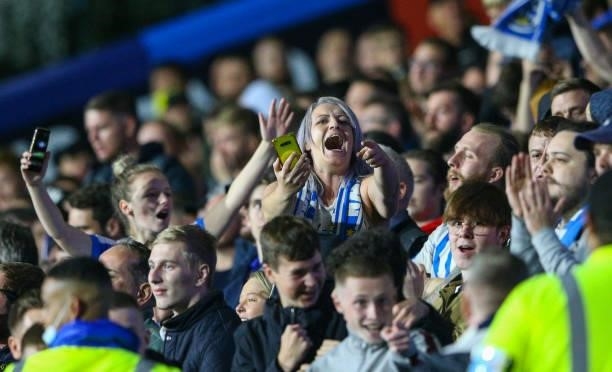 Huddersfield Town fans goad the Preston North End fans after taking the lead during the Sky Bet Championship match between Huddersfield Town and...