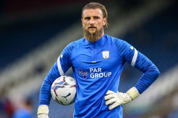 Preston North End's Declan Rudd during the pre-match warm-up before the Sky Bet Championship match between Huddersfield Town and Preston North End at...