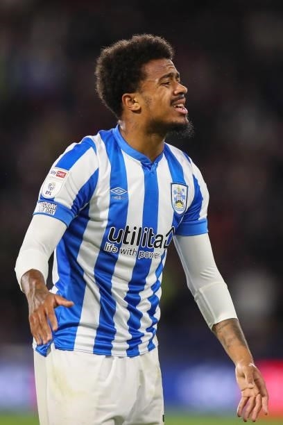 Josh Koroma of Huddersfield Town reacts during the Sky Bet Championship match between Huddersfield Town and Preston North End at Kirklees Stadium on...