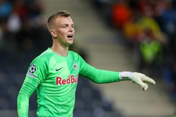 Goalkeeper Philipp Koehn of Red Bull Salzburg gestures during the UEFA Champions League Play-Offs Leg One match between FC Red Bull Salzburg and...