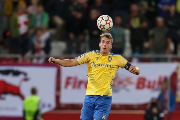Andreas Maxsoe of Broendby IF controls the ball during the UEFA Champions League Play-Offs Leg One match between FC Red Bull Salzburg and Brondby IF...
