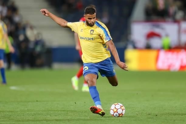 Anis Ben Slimane of Broendby IF controls the ball during the UEFA Champions League Play-Offs Leg One match between FC Red Bull Salzburg and Brondby...