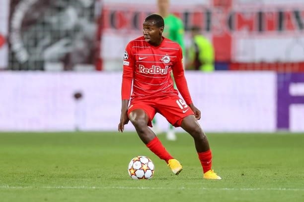 Mohamed Camara of Red Bull Salzburg controls the ball during the UEFA Champions League Play-Offs Leg One match between FC Red Bull Salzburg and...