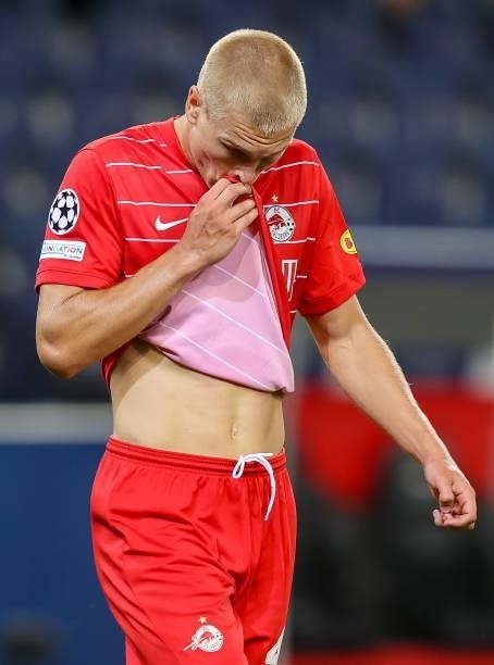 Rasmus Kristensen of Red Bull Salzburg looks on during the UEFA Champions League Play-Offs Leg One match between FC Red Bull Salzburg and Brondby IF...