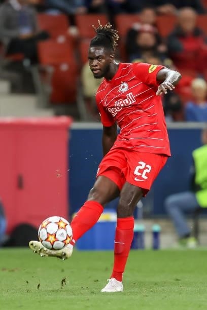 Oumar Solet of Red Bull Salzburg controls the ball during the UEFA Champions League Play-Offs Leg One match between FC Red Bull Salzburg and Brondby...