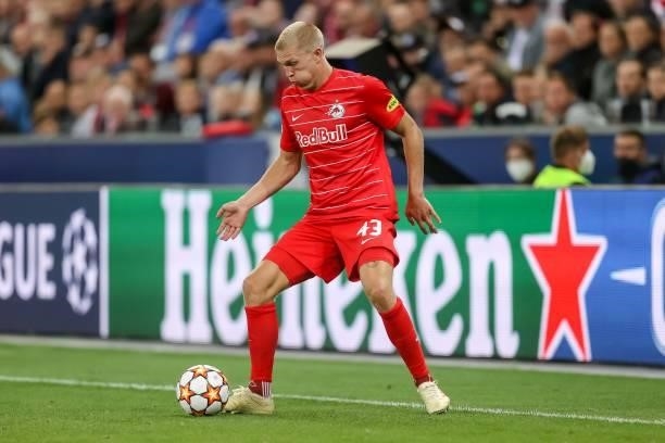 Rasmus Kristensen of Red Bull Salzburg controls the ball during the UEFA Champions League Play-Offs Leg One match between FC Red Bull Salzburg and...