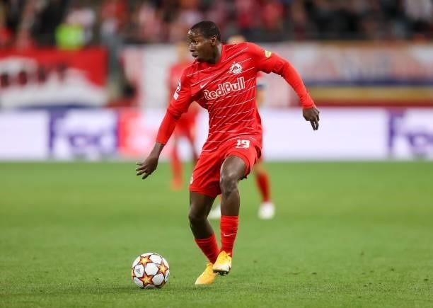 Mohamed Camara of Red Bull Salzburg controls the ball during the UEFA Champions League Play-Offs Leg One match between FC Red Bull Salzburg and...