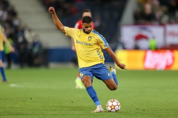 Anis Ben Slimane of Broendby IF controls the ball during the UEFA Champions League Play-Offs Leg One match between FC Red Bull Salzburg and Brondby...