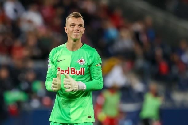 Goalkeeper Philipp Koehn of Red Bull Salzburg looks on during the UEFA Champions League Play-Offs Leg One match between FC Red Bull Salzburg and...