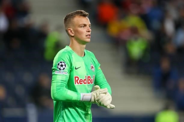 Goalkeeper Philipp Koehn of Red Bull Salzburg looks on during the UEFA Champions League Play-Offs Leg One match between FC Red Bull Salzburg and...