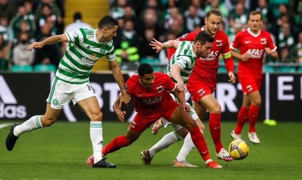 Celtic's Anthony Ralston and Zakaria Aboukhlal in action during a UEFA Europa League qualifier between Celtic and AZ Alkmaar at Celtic Park, on...