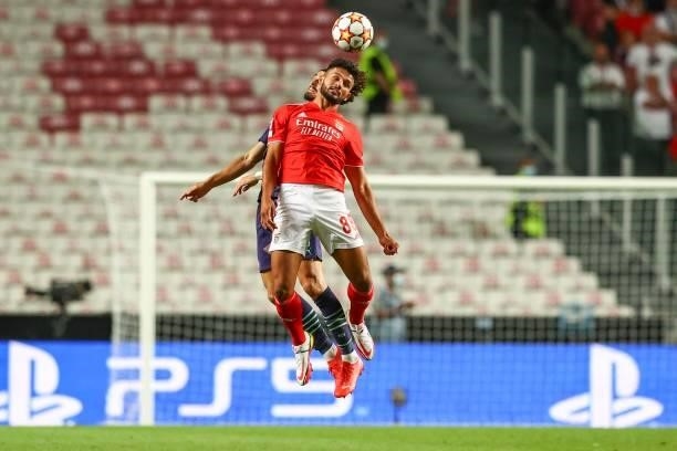 Goncalo Ramos of SL Benfica higher heads the ball during the UEFA Champions League Play-Offs Leg One match between SL Benfica and PSV Eindhoven at...