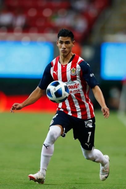 Carlos Antuna of Chivas drives the ball during the 5th round match between Chivas and Leon as part of the Torneo Grita Mexico A21 at Akron Stadium on...