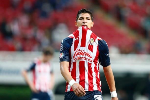 Angel Saldívar of Chivas reacts during the 5th round match between Chivas and Leon as part of the Torneo Grita Mexico A21 at Akron Stadium on August...