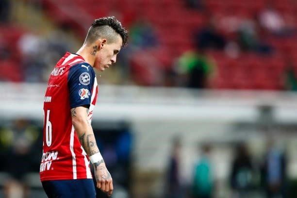 Cristian Calderon of Chivas reacts during the 5th round match between Chivas and Leon as part of the Torneo Grita Mexico A21 at Akron Stadium on...
