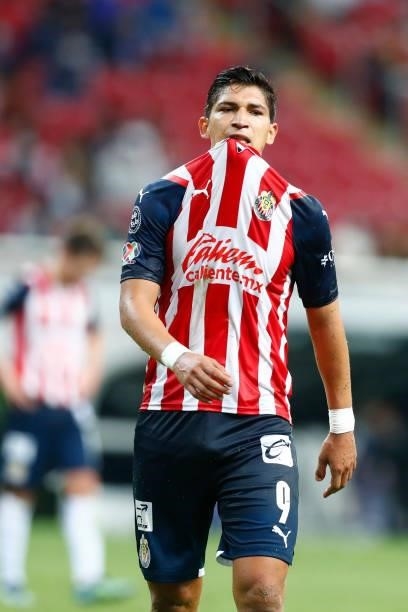 Angel Saldívar of Chivas reacts during the 5th round match between Chivas and Leon as part of the Torneo Grita Mexico A21 at Akron Stadium on August...