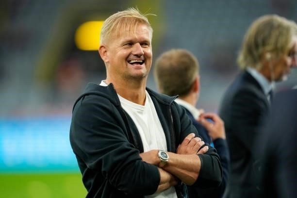 Alf-Inge Haaland Father of Erling Haaland of Borussia Dortmund laughs prior to the Supercup 2021 match between Borussia Dortmund and FC Bayern...