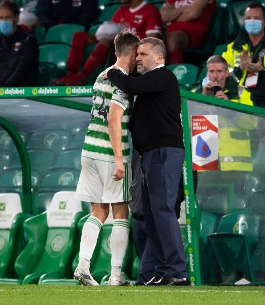 Celtic manager Ange Postecoglou with David Turnbull during a UEFA Europa League qualifier between Celtic and AZ Alkmaar at Celtic Park, on August 18...