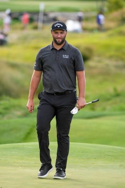 Jon Rahm of Spain at the 17th green during the first round of THE NORTHERN TRUST at Liberty National Golf Club on August 19, 2021 in Jersey City, New...