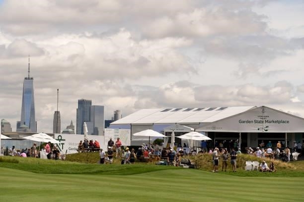 Scenic view of the New York City skyline and the Garden State Marketplace during the first round of THE NORTHERN TRUST at Liberty National Golf Club...