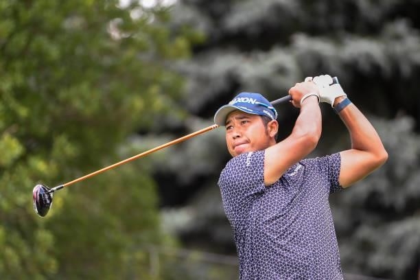 Hideki Matsuyama of Japan hits his tee shot at the ninth hole during the first round of THE NORTHERN TRUST at Liberty National Golf Club on August...