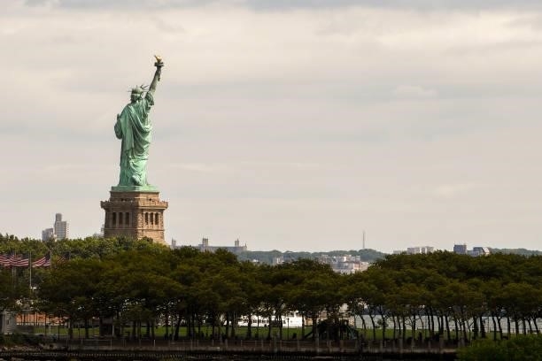 View of the Statue of Liberty during the first round of THE NORTHERN TRUST at Liberty National Golf Club on August 19, 2021 in Jersey City, New...