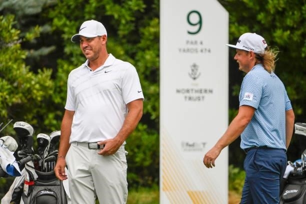 Brooks Koepka waits at the ninth tee during the first round of THE NORTHERN TRUST at Liberty National Golf Club on August 19, 2021 in Jersey City,...
