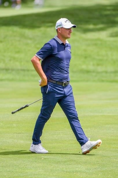 Emiliano Grillo of Argentina walks down the eighth fairway during the first round of THE NORTHERN TRUST at Liberty National Golf Club on August 19,...