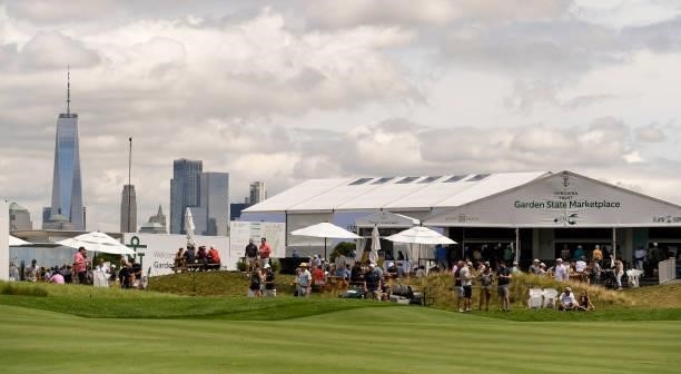 Scenic view of the New York City skyline and the Garden State Marketplace during the first round of THE NORTHERN TRUST at Liberty National Golf Club...
