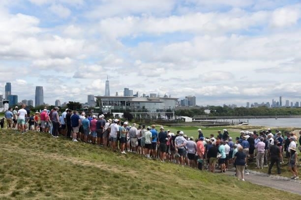 Fans are seen on the 18th hole during the first round of THE NORTHERN TRUST at Liberty National Golf Club on August 19, 2021 in Jersey City, New...