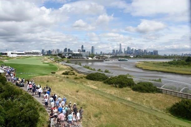 Fans are seen on the 18th hole during the first round of THE NORTHERN TRUST at Liberty National Golf Club on August 19, 2021 in Jersey City, New...