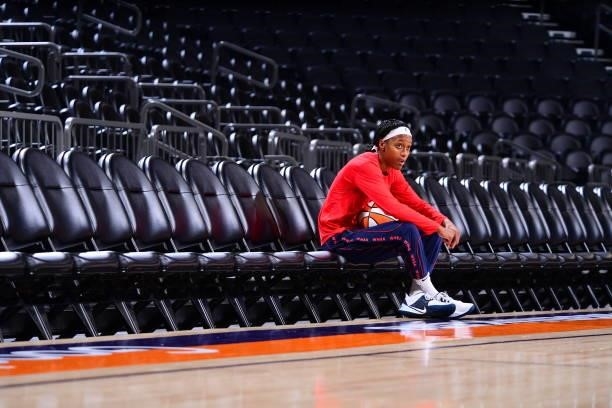 Kiara Leslie of the Washington Mystics looks on before the game against the Phoenix Mercury on August 19, 2021 at Phoenix Suns Arena in Phoenix,...
