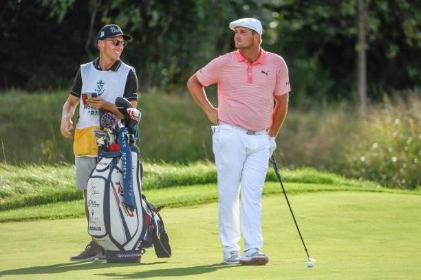 Bryson DeChambeau at the 17th fairway during the first round of THE NORTHERN TRUST at Liberty National Golf Club on August 19, 2021 in Jersey City,...