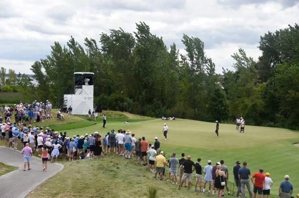 Fans are seen on the 17th hole during the first round of THE NORTHERN TRUST at Liberty National Golf Club on August 19, 2021 in Jersey City, New...
