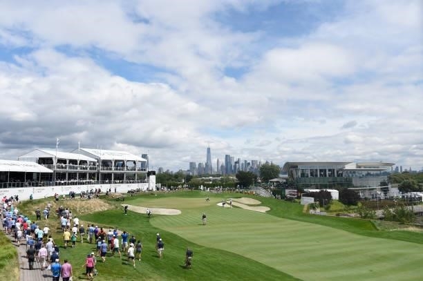 View of the 18th hole during the first round of THE NORTHERN TRUST at Liberty National Golf Club on August 19, 2021 in Jersey City, New Jersey.