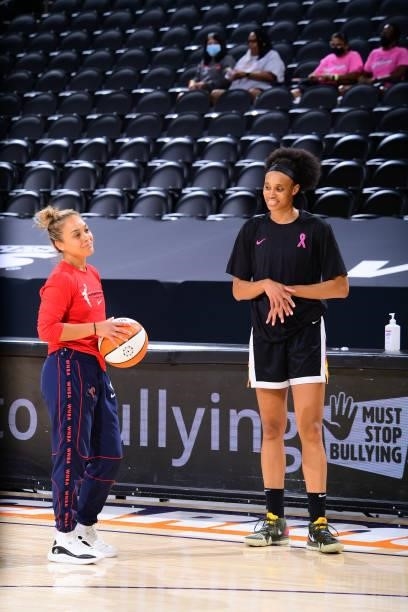 Leilani Mitchell of the Washington Mystics talks with Brianna Turner of the Phoenix Mercury before the game on August 19, 2021 at Phoenix Suns Arena...