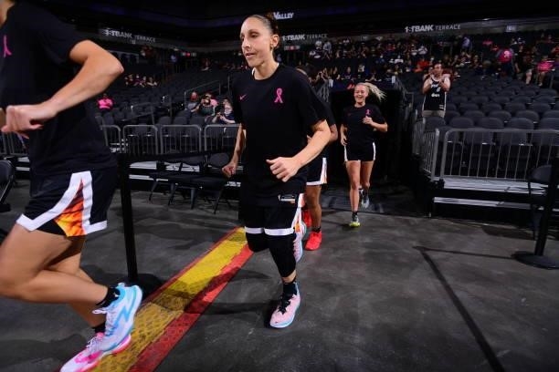 Diana Taurasi of the Phoenix Mercury runs out before the game against the Washington Mystics on August 19, 2021 at Phoenix Suns Arena in Phoenix,...