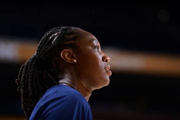 Tina Charles of the Washington Mystics looks on before the game against the Phoenix Mercury on August 19, 2021 at Phoenix Suns Arena in Phoenix,...