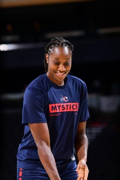 Tina Charles of the Washington Mystics warms up before the game against the Phoenix Mercury on August 19, 2021 at Phoenix Suns Arena in Phoenix,...