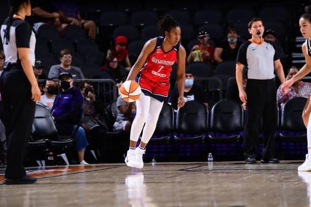 Ariel Atkins of the Washington Mystics dribbles during the game against the Phoenix Mercury on August 19, 2021 at Phoenix Suns Arena in Phoenix,...